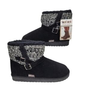 MUK Luck Black & White Alyx Ankle Booties - Water Resistant- Faux Suede